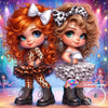 Two cartoon-style figures with bright orange and brown hair wearing leopard print and lace outfits.