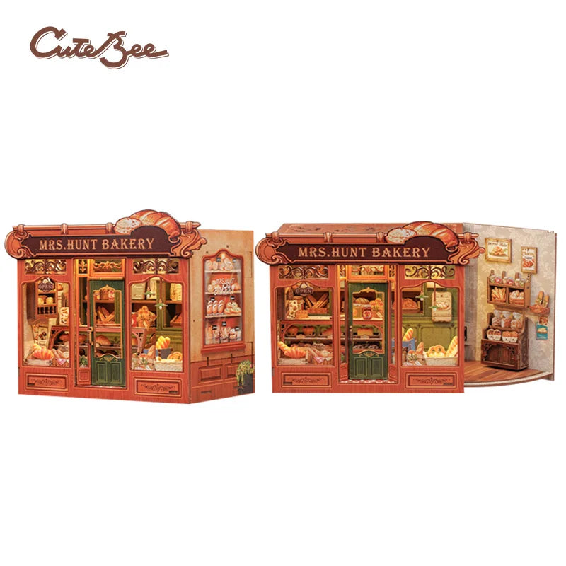 A wooden book nook kit of Mrs. Hunt Bakery storefront with detailed displays and lighting.