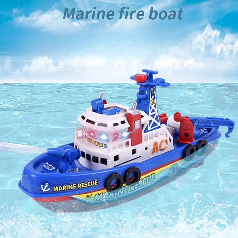 A blue and white electric marine rescue boat toy with lights and water spray is shown on blue water.