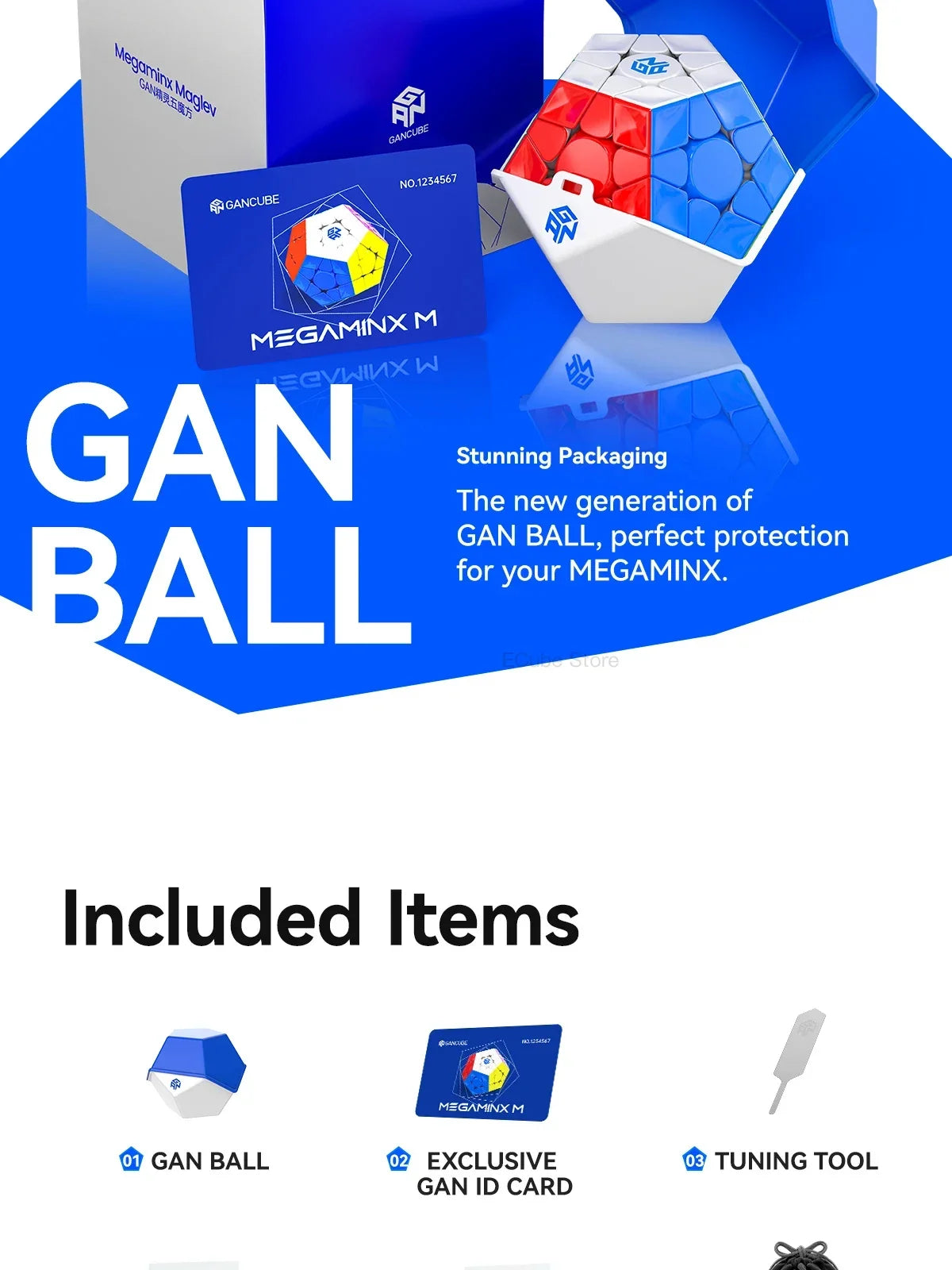 Packaging and components for the GAN Ball, including the ball, an exclusive ID card, and a tuning tool.