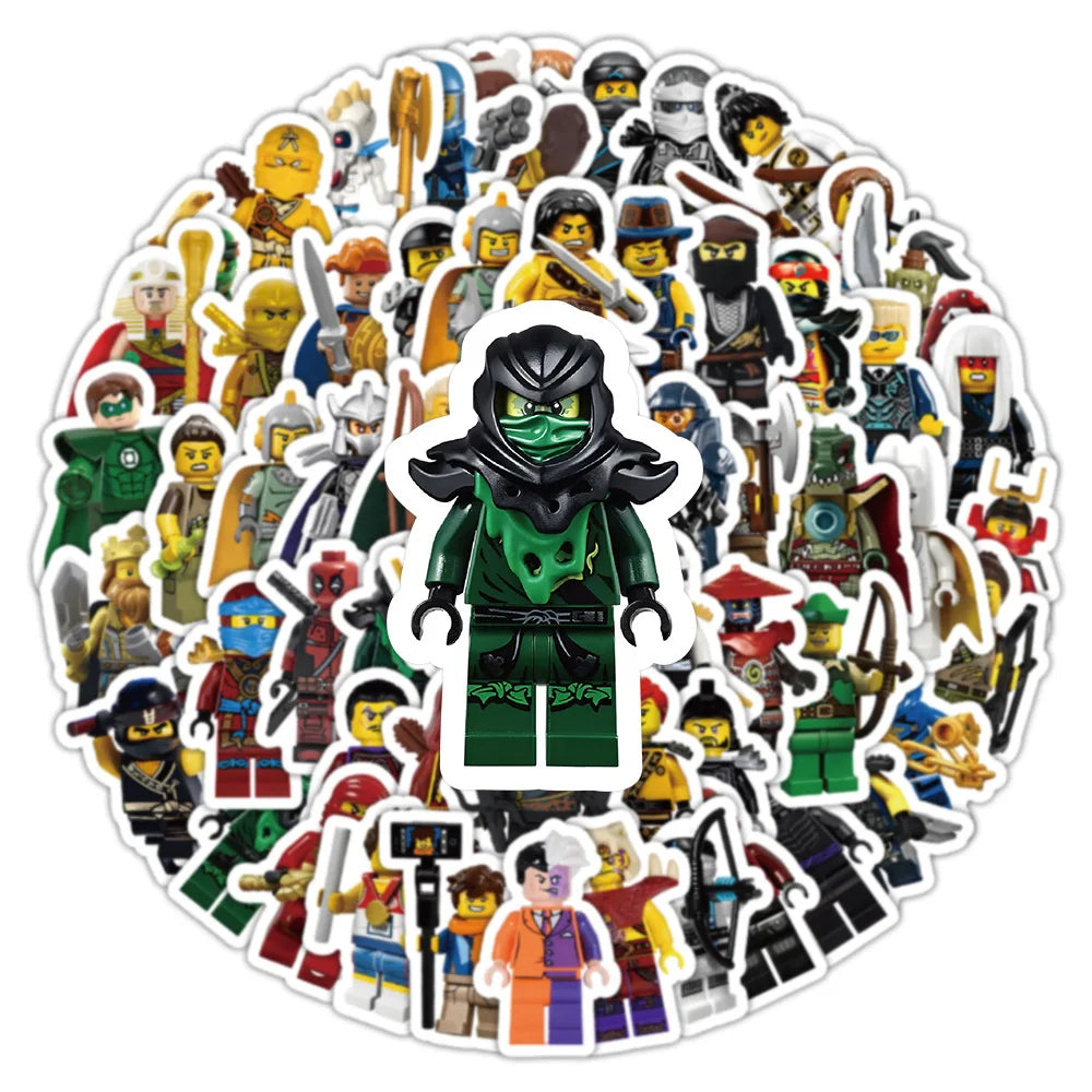 A circular sticker pack featuring various cartoon ninja characters and figures.