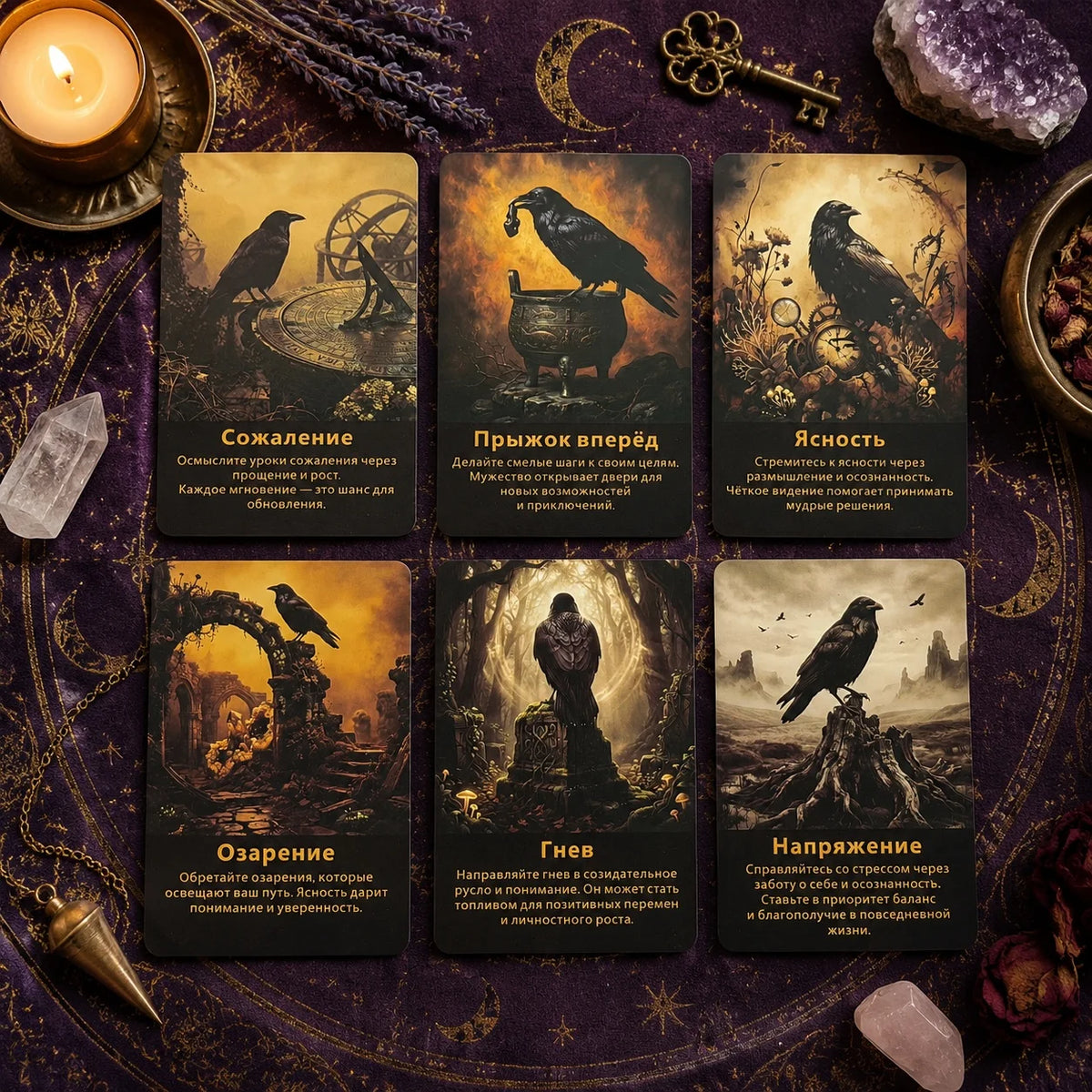 A collection of nine oracle cards featuring dark, mystical imagery and gold accents set against a purple background.