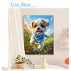 A painting of a happy dog leaping through a colorful field, displayed in a living room setting.