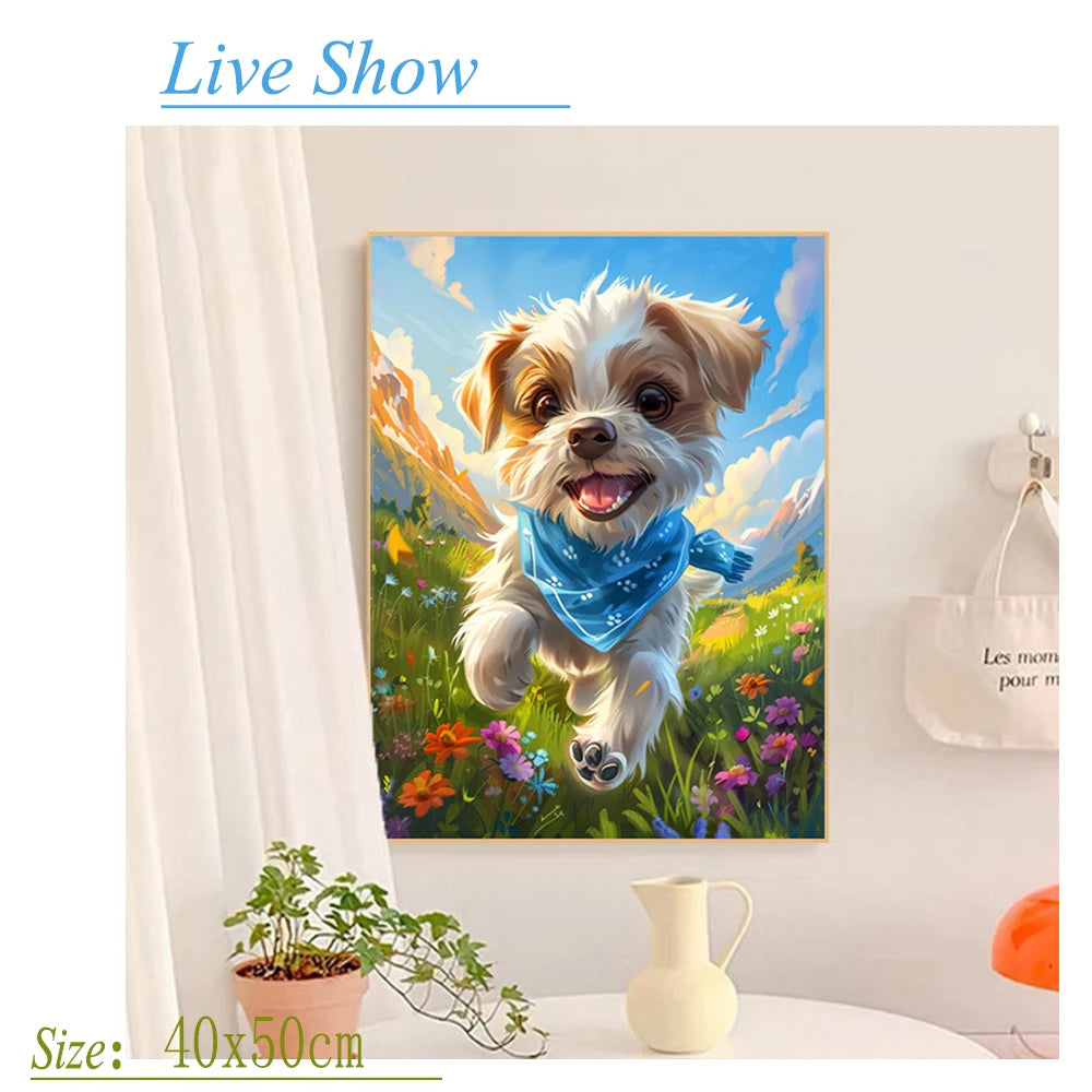 A painting of a happy dog leaping through a colorful field, displayed in a living room setting.