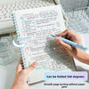 A hand is shown folding a spiral notebook into 360 degrees, demonstrating smooth page turning.