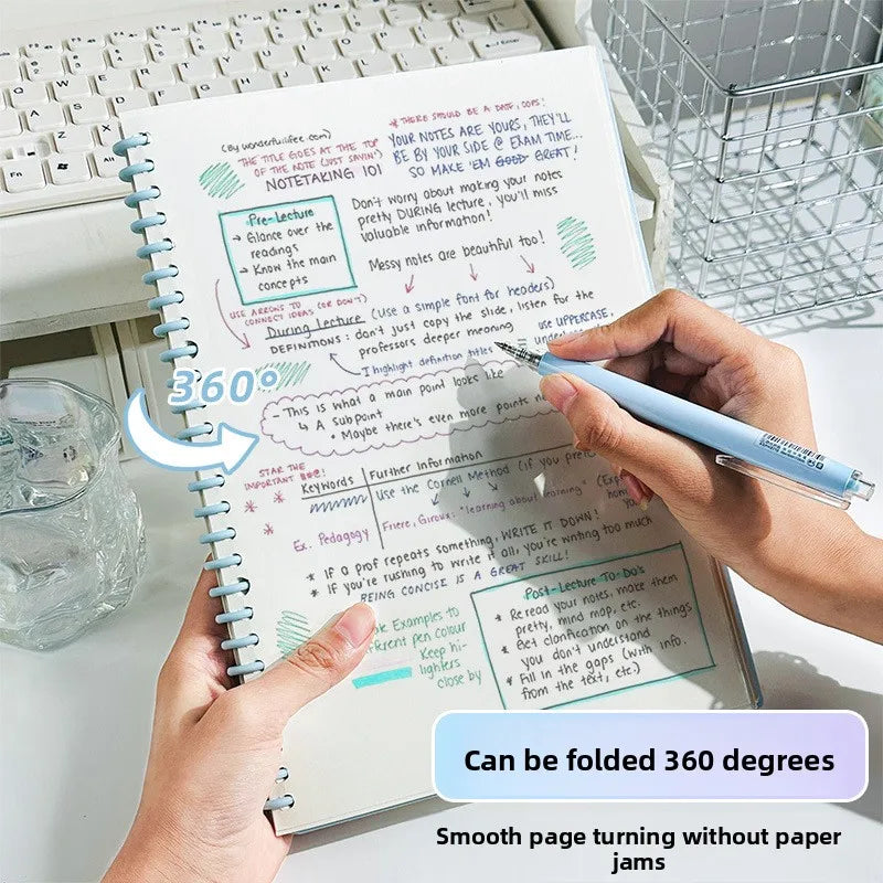A hand is shown folding a spiral notebook into 360 degrees, demonstrating smooth page turning.