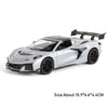 A silver 1:32 scale diecast supercar model with a black spoiler and pull-back action features is shown.