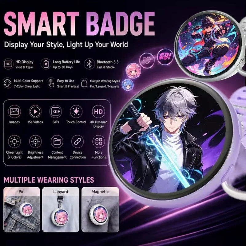 A close-up view of a smart badge featuring an anime character, showing multiple wearing styles like pin, lanyard, and magneti