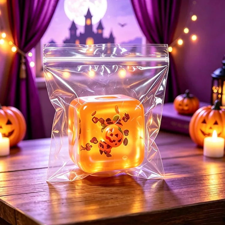 A squeeze fidget cube with an orange-yellow liquid inside is packaged in a clear plastic bag on a wooden surface.