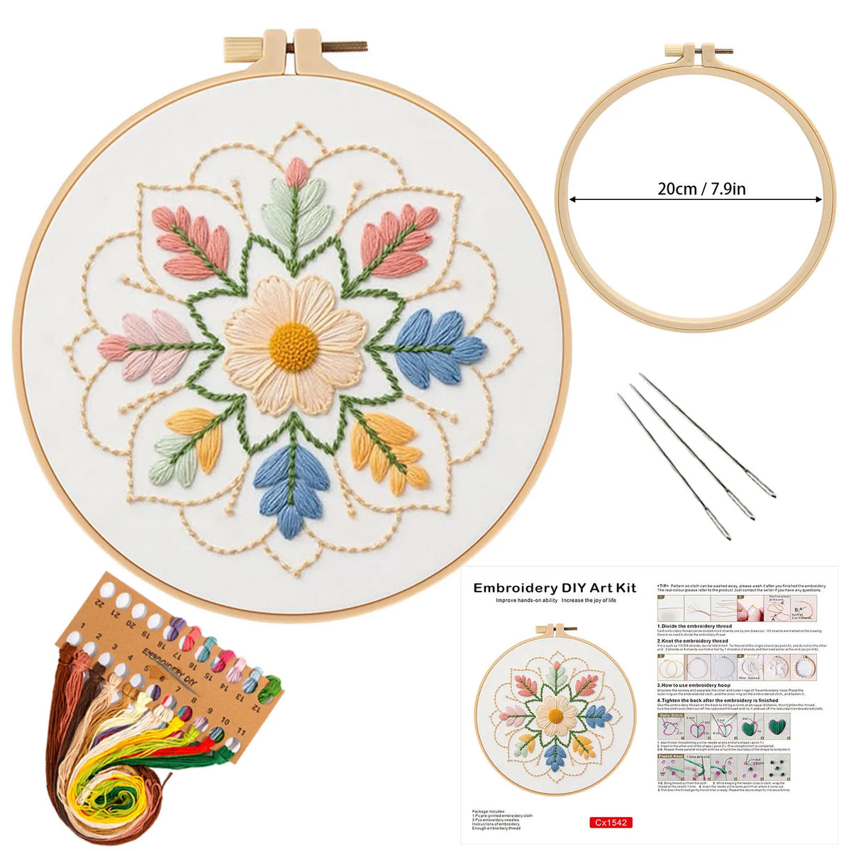 Embroidery DIY Art Kit featuring a mandala flower pattern with various colored threads and instructions