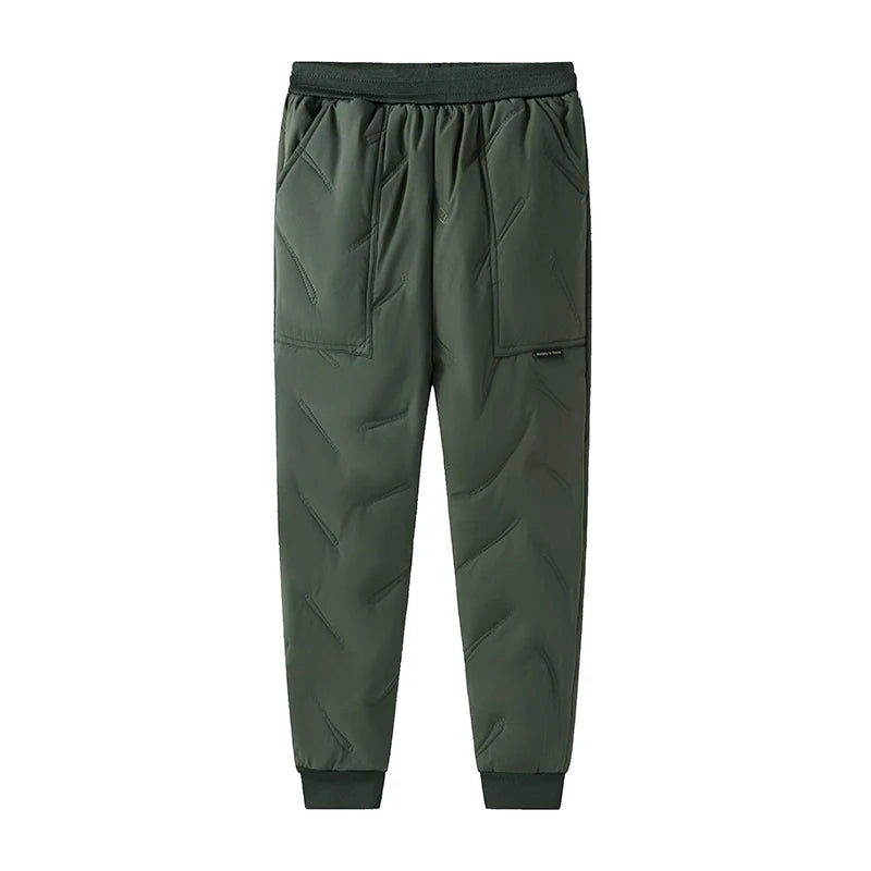 Olive green waterproof winter pants for kids with a fleece lining