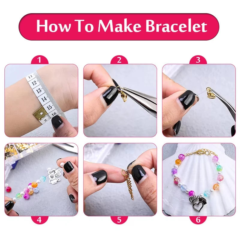 A six-step guide showing how to make a bracelet using jewelry making supplies and tools.