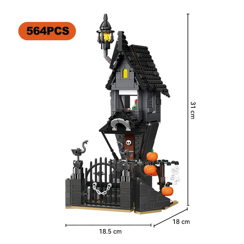 A dark gray haunted castle tree house building block set featuring a spooky Halloween theme with lights and decorative elemen