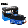 A black INJORA servo motor with a blue base and packaging visible.