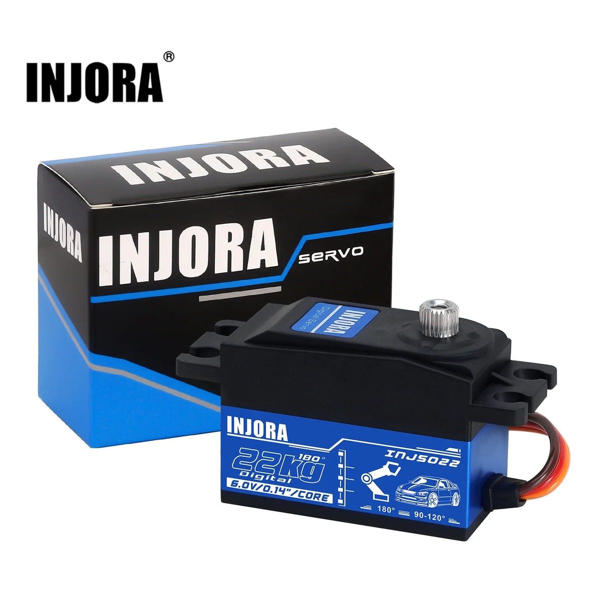 A black INJORA servo motor with a blue base and packaging visible.