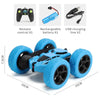 A blue remote control stunt RC car with large wheels and accessories shown next to its dimensions.
