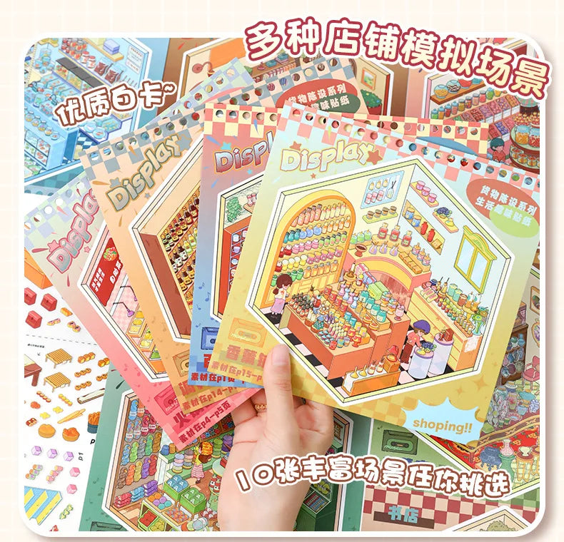 A collection of stickers featuring various store displays and shopping scenes for DIY crafts.