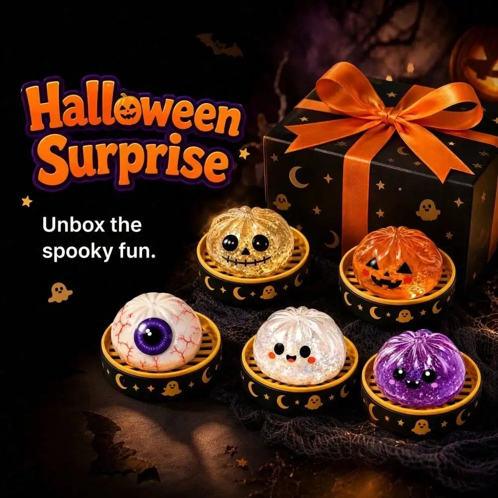 A collection of spooky Halloween squishy fidget toys including a pumpkin, ghost, and purple slime, displayed on a dark surfac