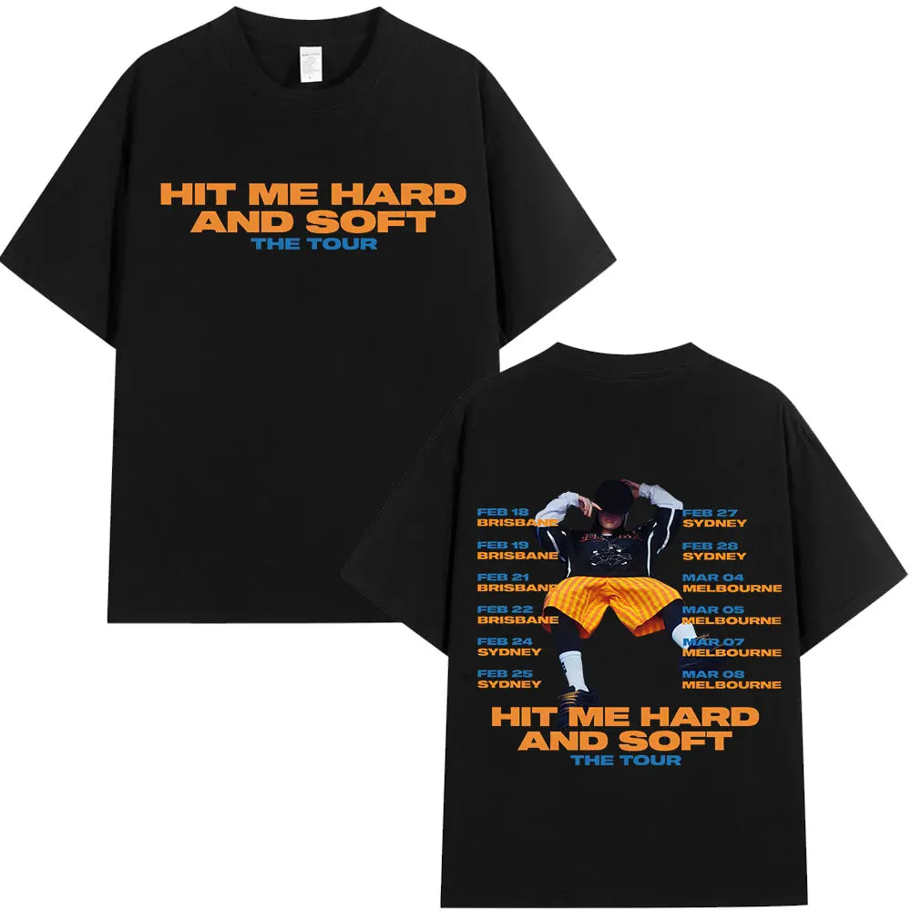 Black cotton t-shirt featuring the text HIT ME HARD AND SOFT THE TOUR
