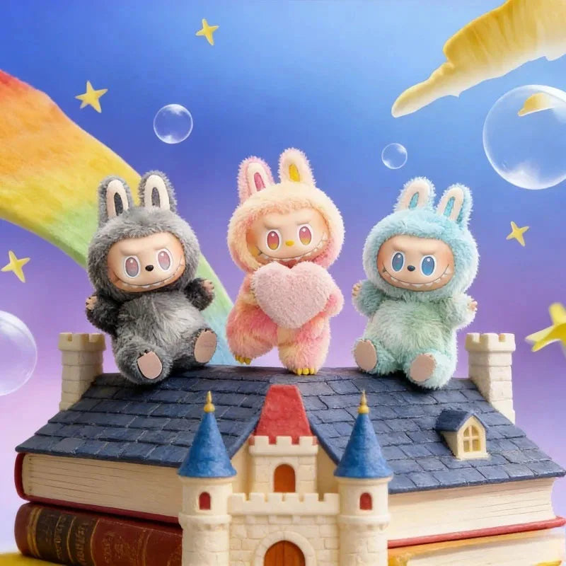 A collection of Labubu The Monsters Big Into Energy plush dolls sitting on a miniature castle roof against a blue sky with st