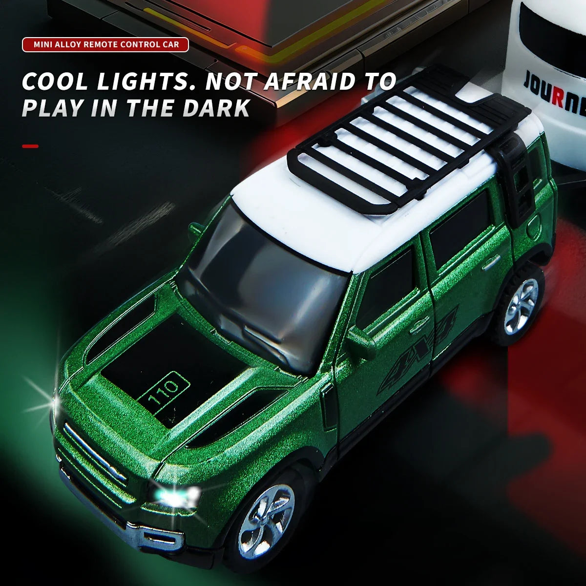 A green miniature alloy remote control car with bright cool lights is shown in a close-up view.