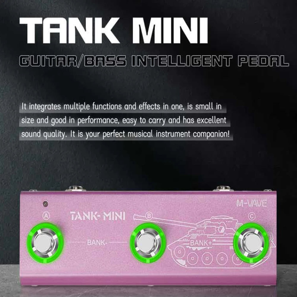 A pink Tank Mini intelligent guitar/bass pedal with three knobs and a stylized graphic on a black background.