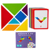 A colorful wooden tangram puzzle set featuring various geometric shapes and a letter V.