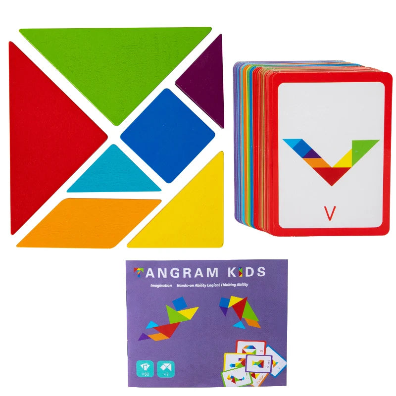 A colorful wooden tangram puzzle set featuring various geometric shapes and a letter V.