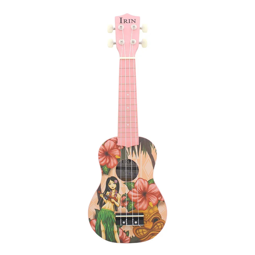 A pink ukulele with a Hawaiian floral design on the body and a light wood neck.