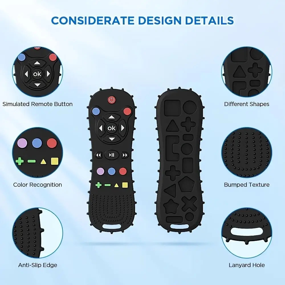 Diagram showing design details of a silicone teether set including buttons, textures, and lanyard holes