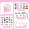 A pink set containing a jewelry box, color beads, dangle charms, and metal beads for making bracelets and necklaces.