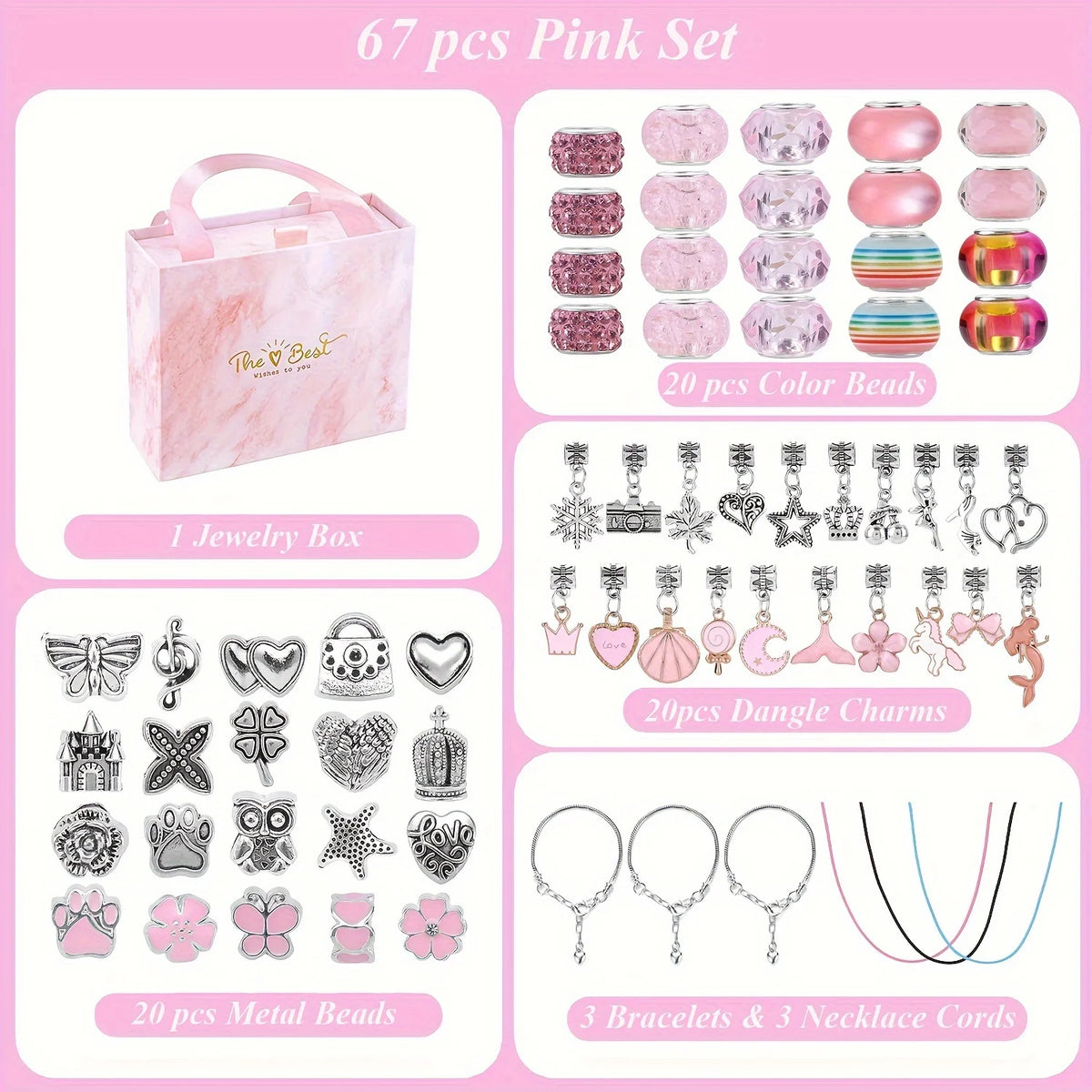 A pink set containing a jewelry box, color beads, dangle charms, and metal beads for making bracelets and necklaces.
