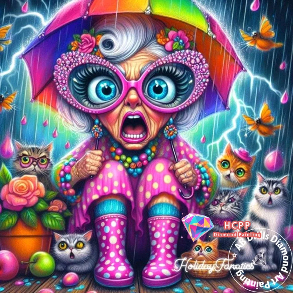 A vibrant cartoon illustration of an elderly woman wearing oversized glasses and a colorful umbrella, surrounded by sparkling