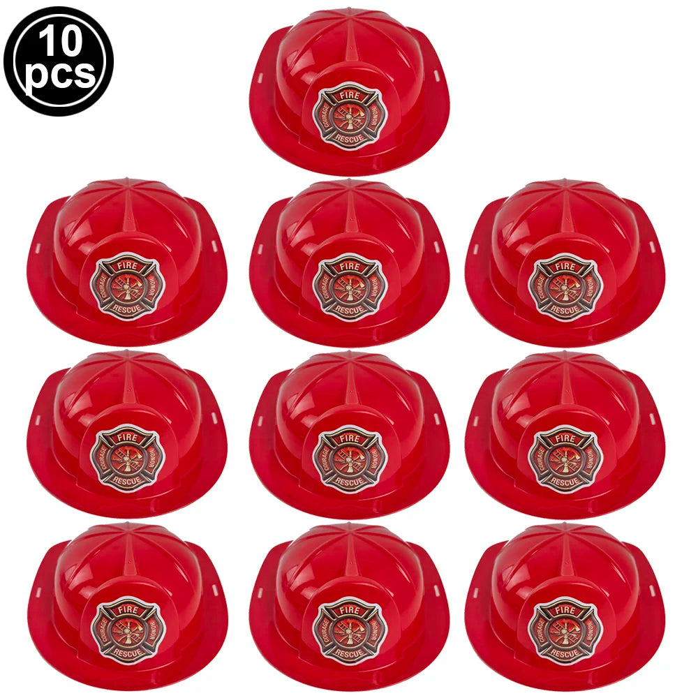 A set of ten red firefighter helmets for kids displayed in a grid format.
