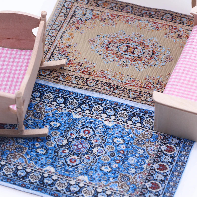 Handwoven Turkish style miniature carpet mat with intricate blue and beige patterns for dollhouse decor