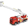 A red pull-back fire truck toy with a movable ladder platform for kids.