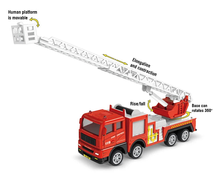 A red pull-back fire truck toy with a movable ladder platform for kids.