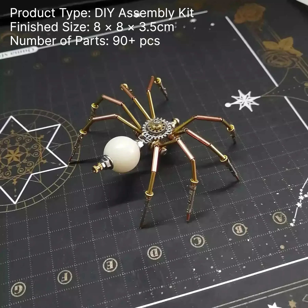 A finished steampunk metal spider assembly kit with multiple legs and a central mechanism displayed on a dark surface.