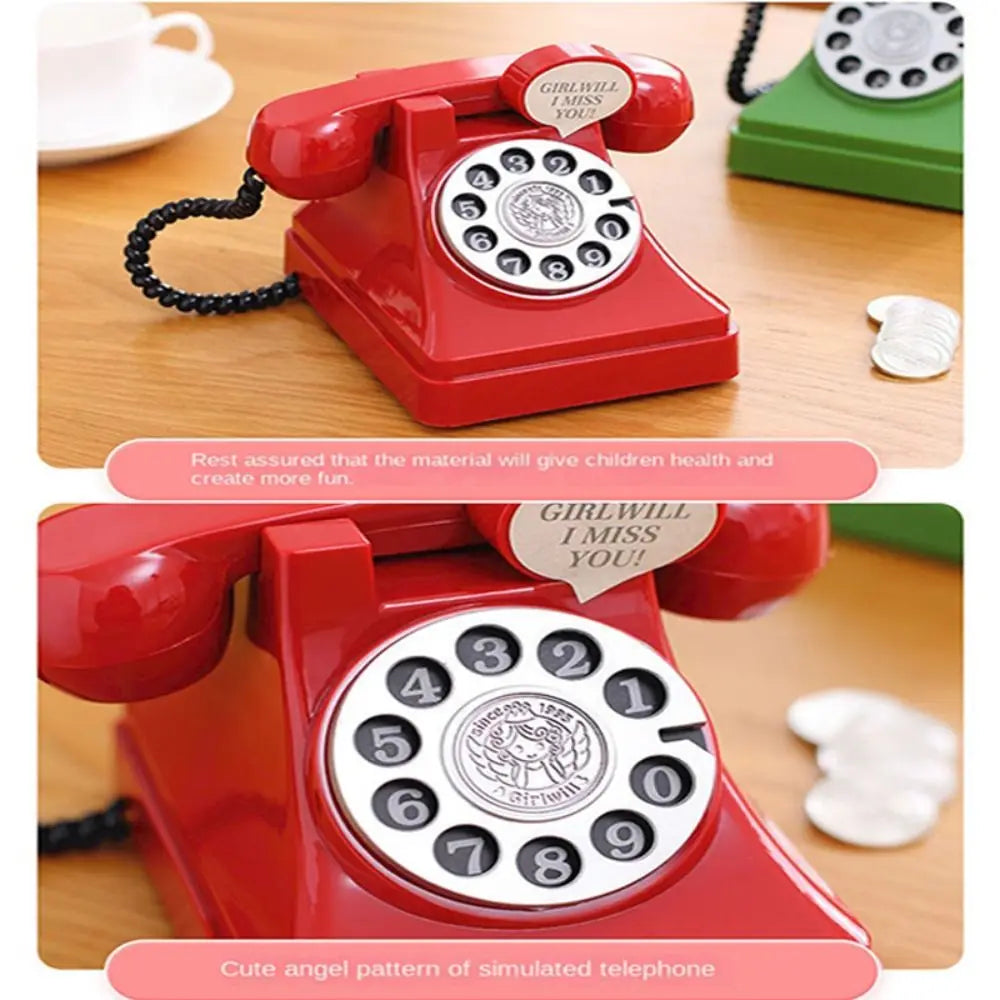 A red vintage rotary telephone is shown with a gold angel pattern, used as a simulated telephone for children.