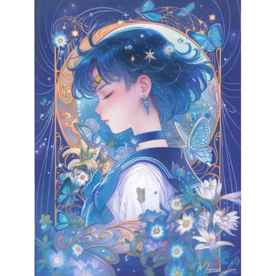 A watercolor illustration of a cartoon girl with blue hair and flowers, framed by golden lines and butterflies against a deep