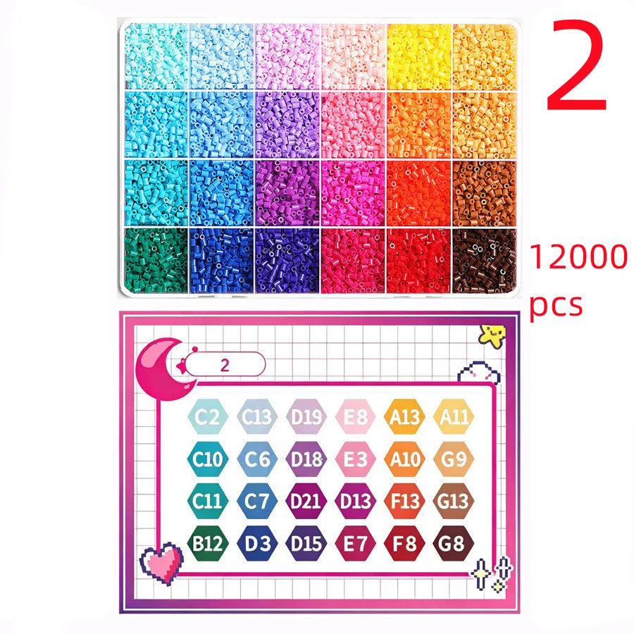 A colorful kit of 12,000 Perler beads in 24 colors, including a color chart and grid layout.