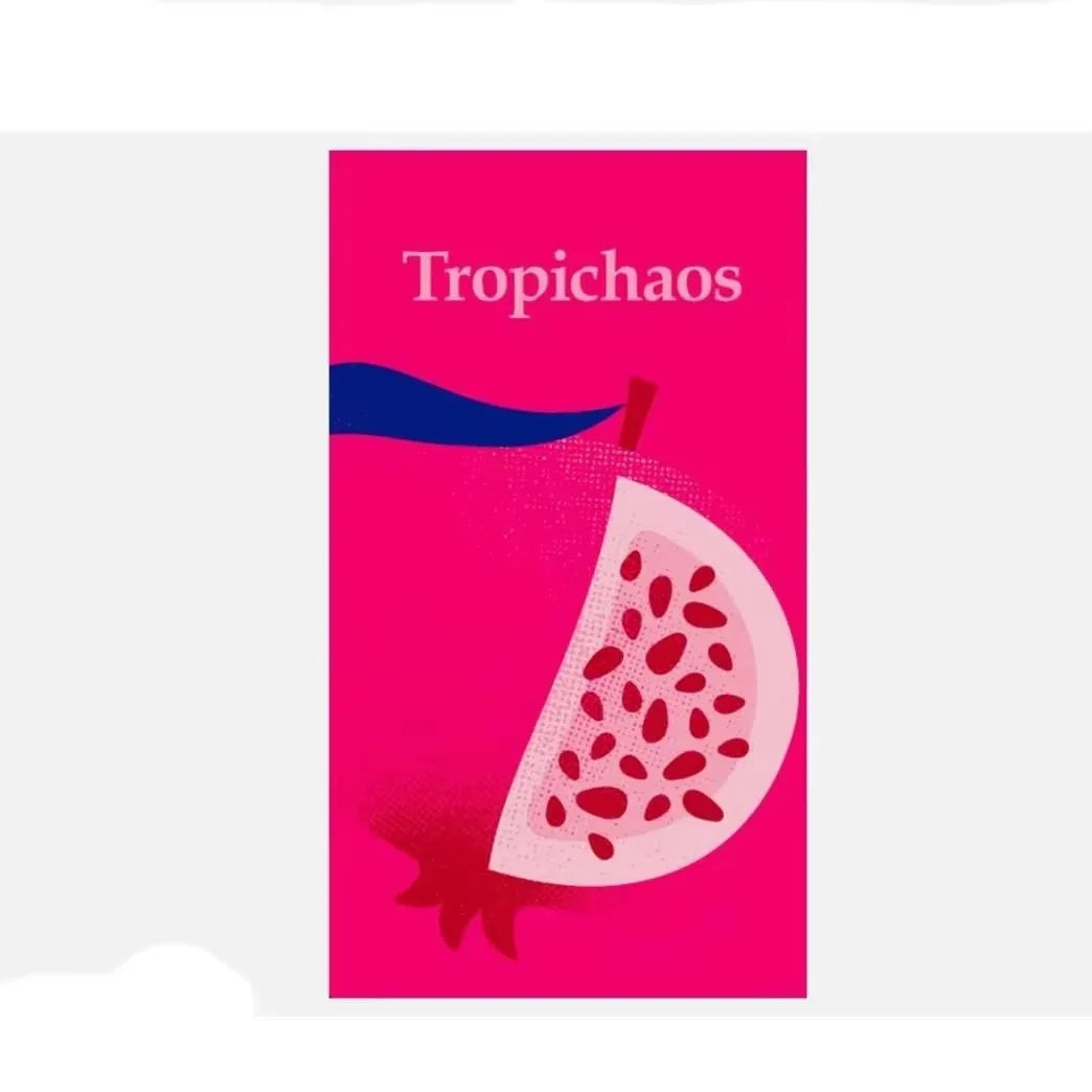 A vibrant pink cover titled Tropichaos featuring a sliced watermelon and a blue accent.
