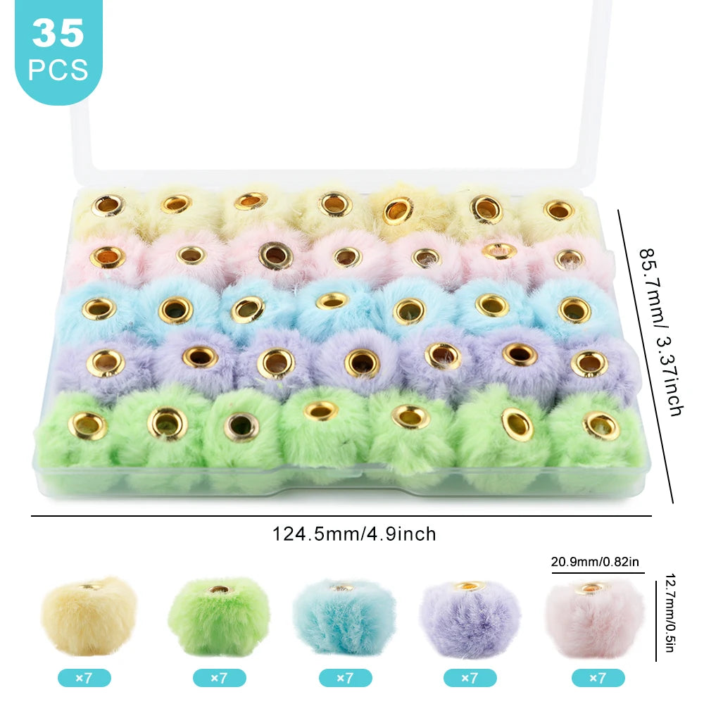 A pack of 35 plush fur pom pom beads in various pastel colors for jewelry making