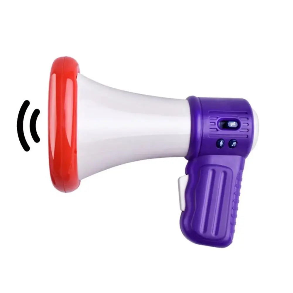 A purple megaphone toy with a red horn is shown against a white background.