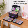 A black storage case holds 240 bottles arranged in organizer trays and tools for diamond art supplies.