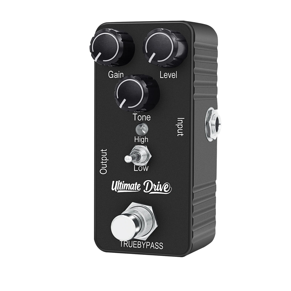 A black mini guitar effects pedal with controls for Gain, Level, Tone, Output, Input, and a Truebypass switch.