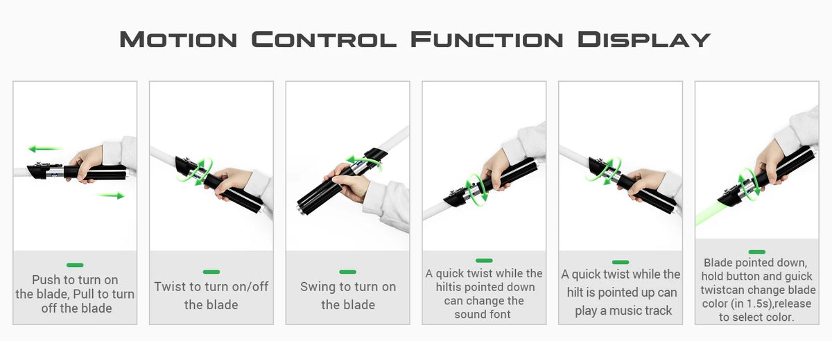 Display showing various motion control functions for a lightsaber, including turn on/off and swing functions.