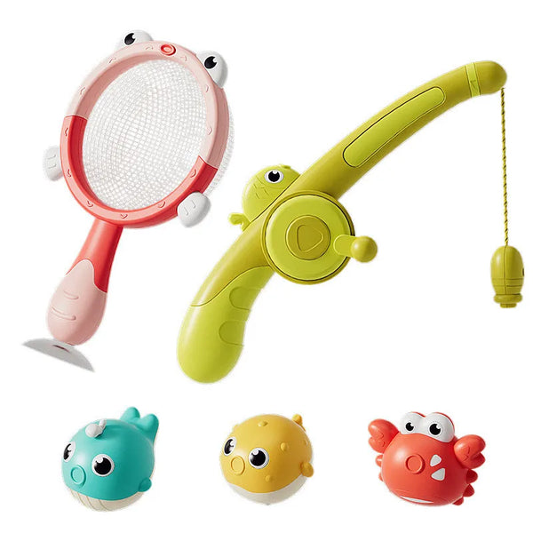 Set of magnetic LED fishing toys for kids bath time featuring various colored fish shapes