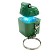 A green frog-shaped clicker keychain with a blue LED light.