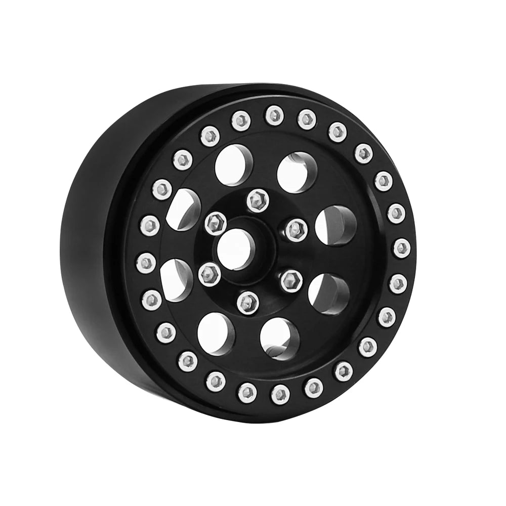 Black metal beadlock wheels for an RC crawler with a removable hex hub